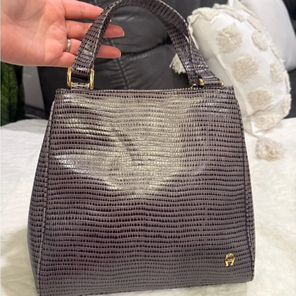Etienne Aigner Brown Satchel with Structured Shape and Gold Accents